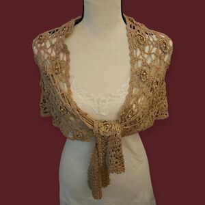 Vintage Tan Rose Pearl Crochet Shawl